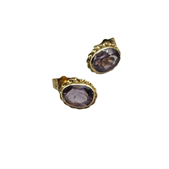 Vintage 14K Gold and Amethyst Earrings Studs Oval Bezel Sets Genuine Gemstones - Picture 1 of 9